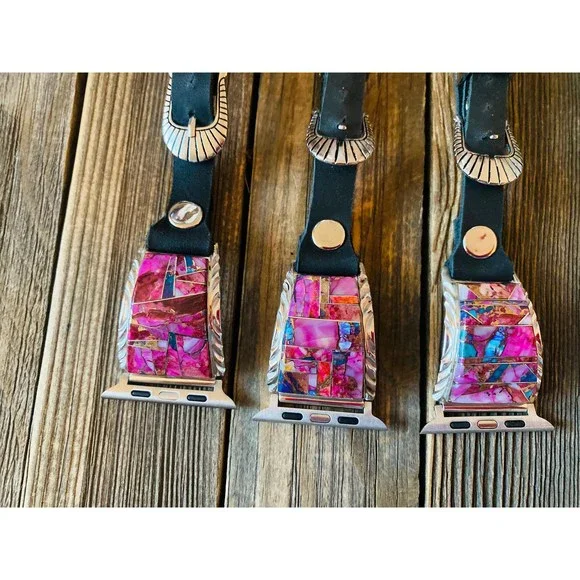Navajo Pink Dream Mohave, Sterling Silver & Black Leather Smartphone Watch Band - Picture 3 of 8